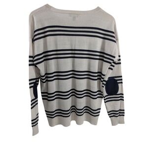 J. Crew Womens 100% Merino Wool Elbow Patch Stripe Sweater sz L Beige Coastal